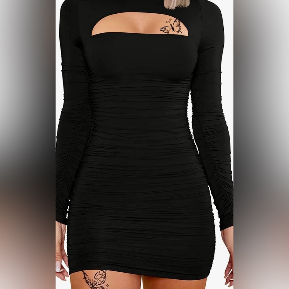 See you Monday: Black Long Sleeve mini ripped Dress